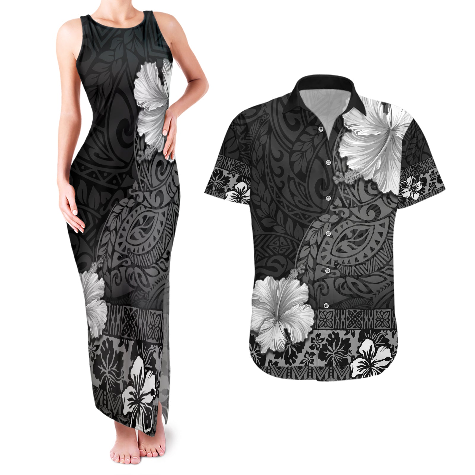 Hawaii Hibiscus With Black Polynesian Pattern Couples Matching Tank Maxi Dress and Hawaiian Shirt LT05 Black - Polynesian Pride