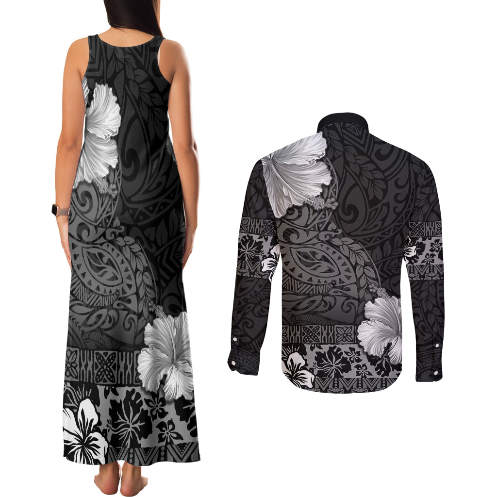 Hawaii Hibiscus With Black Polynesian Pattern Couples Matching Tank Maxi Dress and Long Sleeve Button Shirt
