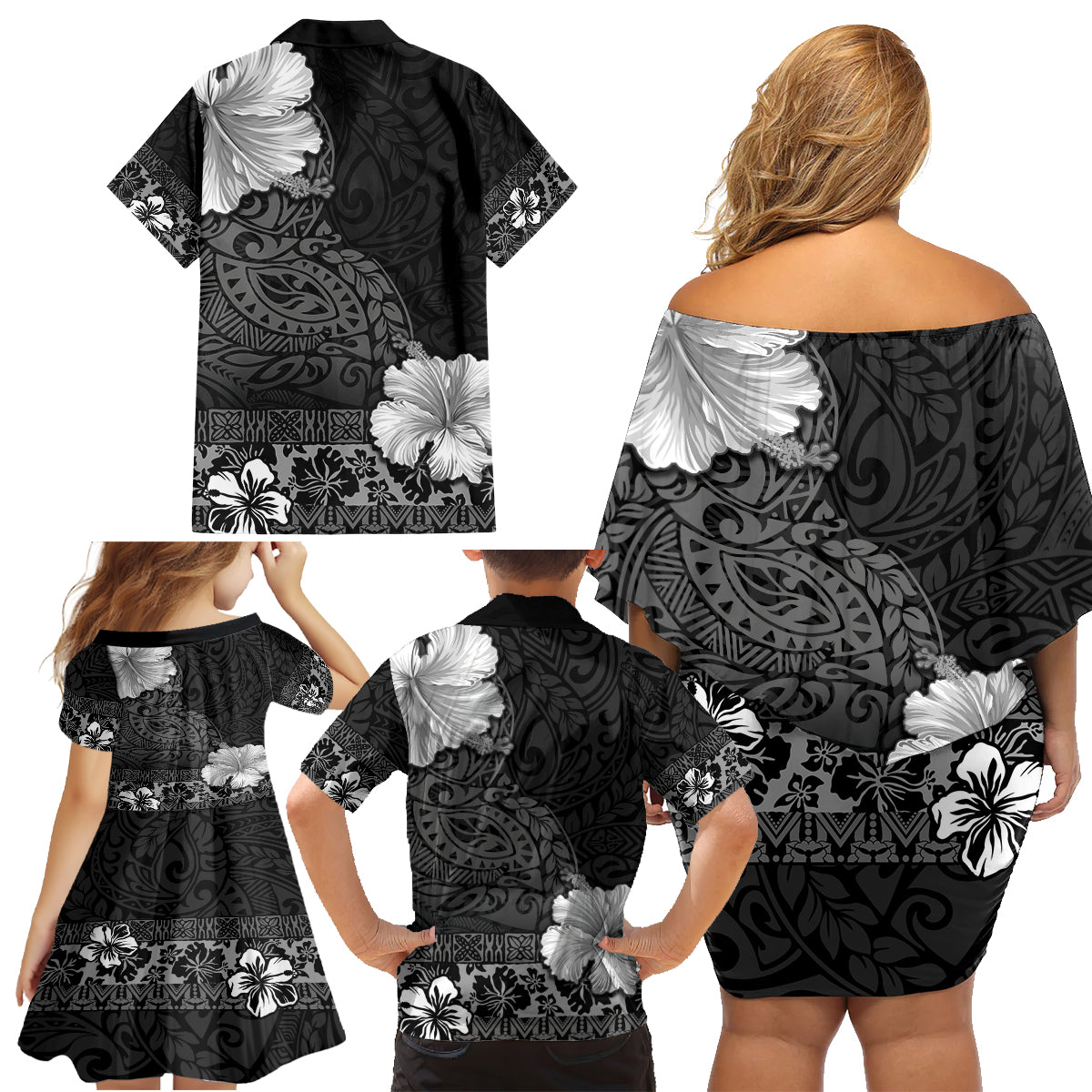 Hawaii Hibiscus With Black Polynesian Pattern Family Matching Off Shoulder Short Dress and Hawaiian Shirt