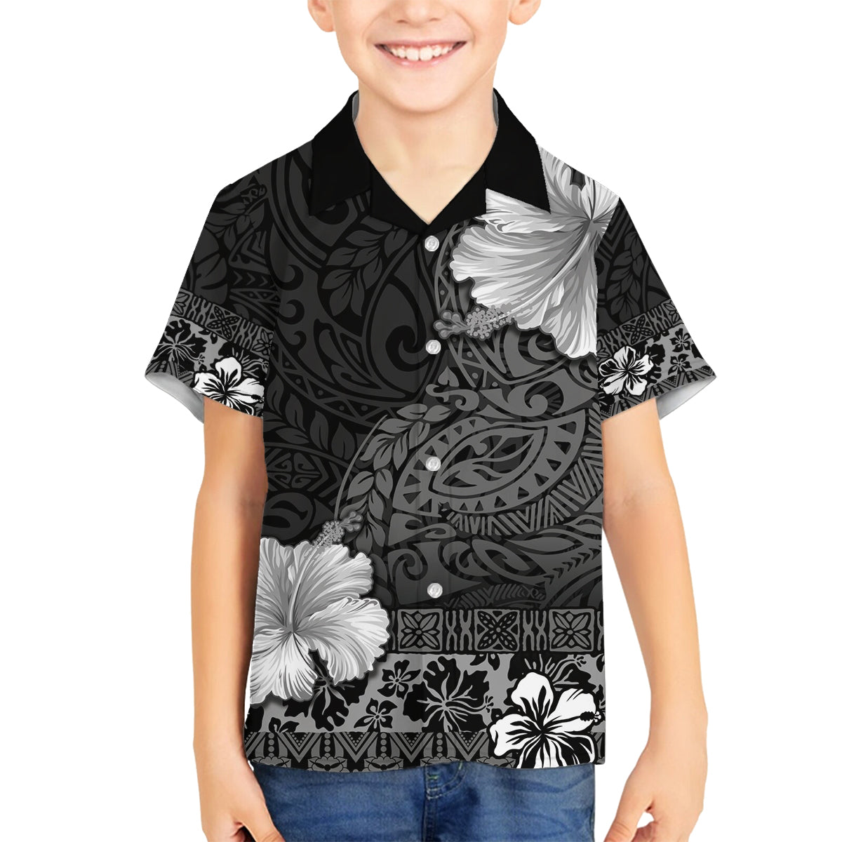 Hawaii Hibiscus With Black Polynesian Pattern Family Matching Off Shoulder Short Dress and Hawaiian Shirt