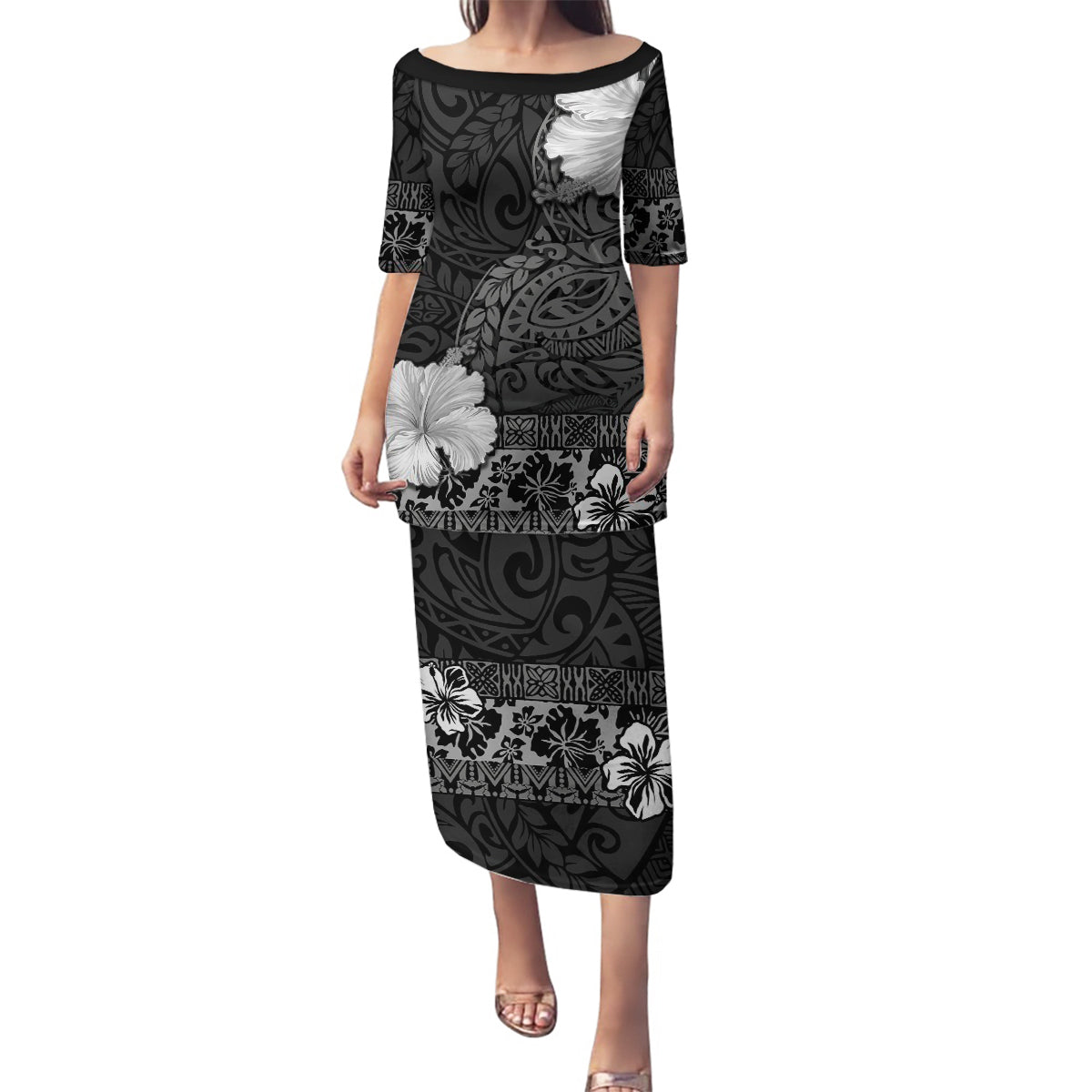 Hawaii Hibiscus With Black Polynesian Pattern Family Matching Puletasi and Hawaiian Shirt