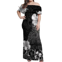 Hawaii Hibiscus With Black Polynesian Pattern Off Shoulder Maxi Dress