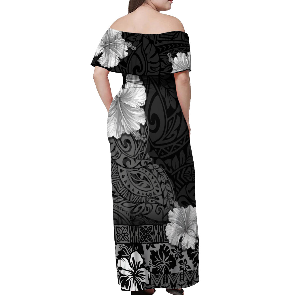 Hawaii Hibiscus With Black Polynesian Pattern Off Shoulder Maxi Dress