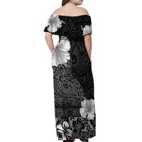 Hawaii Hibiscus With Black Polynesian Pattern Off Shoulder Maxi Dress