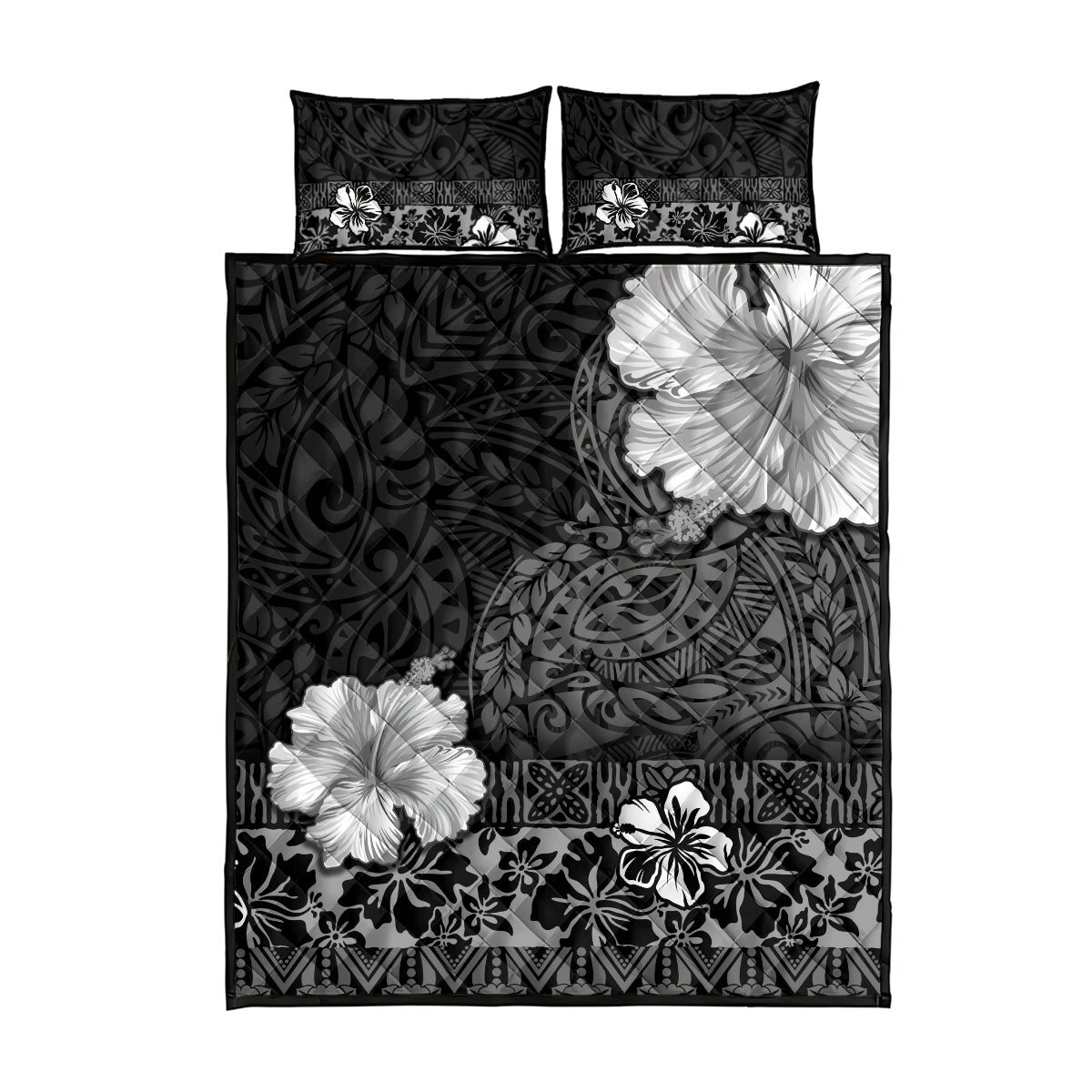 Hawaii Hibiscus With Black Polynesian Pattern Quilt Bed Set