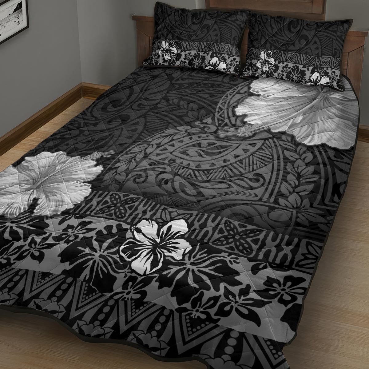 Hawaii Hibiscus With Black Polynesian Pattern Quilt Bed Set