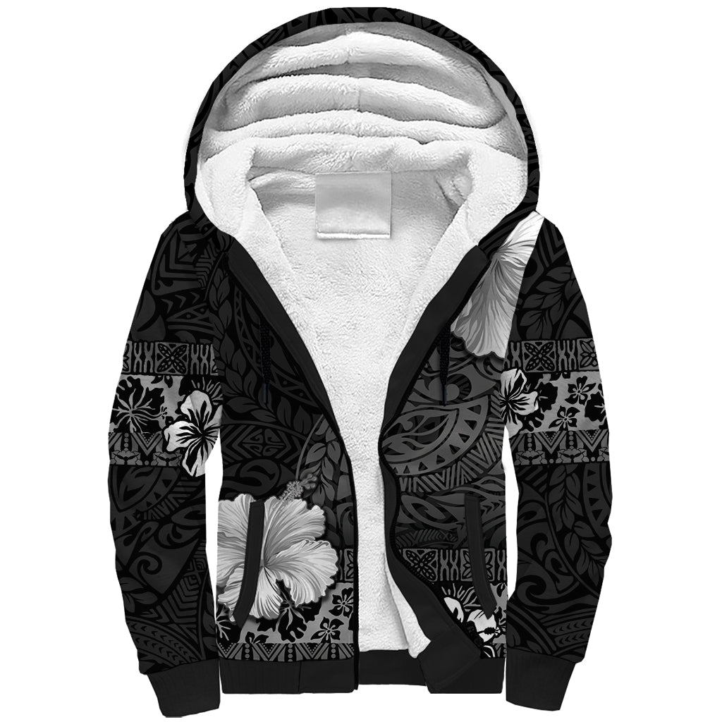 Hawaii Hibiscus With Black Polynesian Pattern Sherpa Hoodie