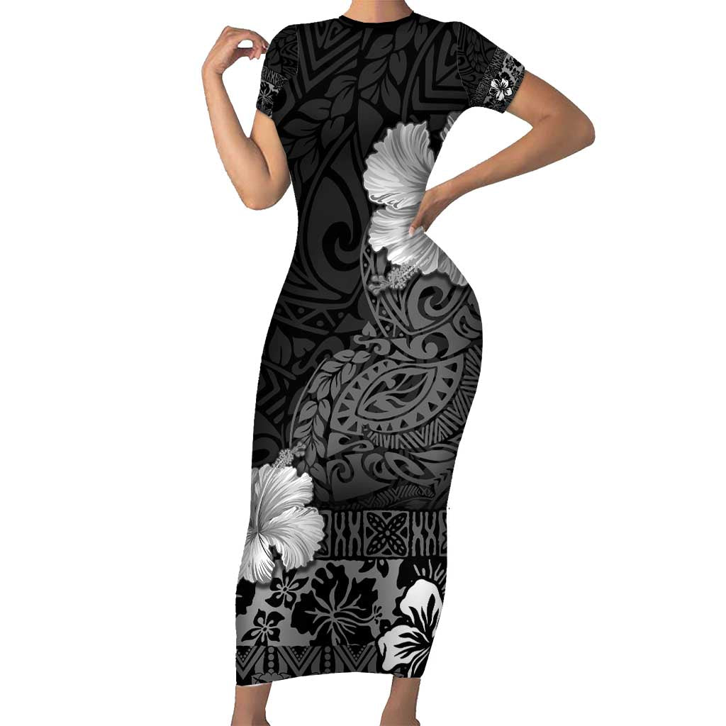 Hawaii Hibiscus With Black Polynesian Pattern Short Sleeve Bodycon Dress LT05