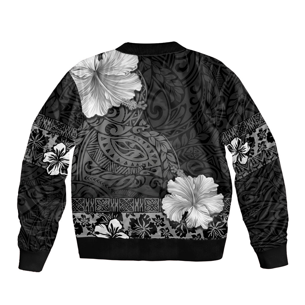 Hawaii Hibiscus With Black Polynesian Pattern Sleeve Zip Bomber Jacket