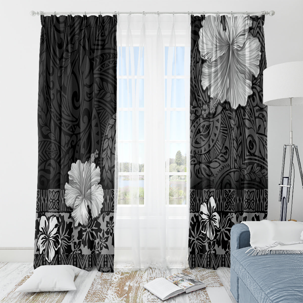 Hawaii Hibiscus With Black Polynesian Pattern Window Curtain