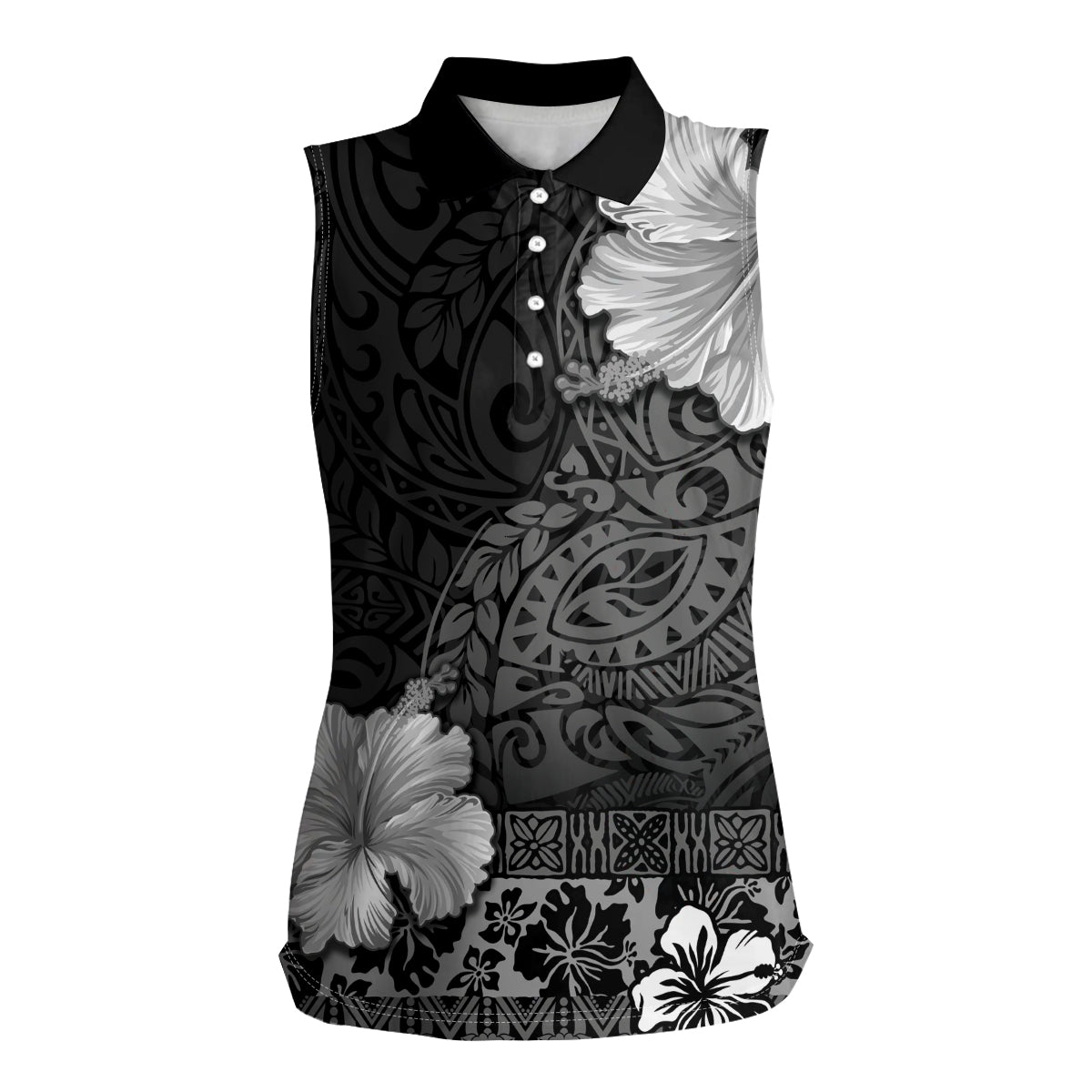 Hawaii Hibiscus With Black Polynesian Pattern Women Sleeveless Polo Shirt