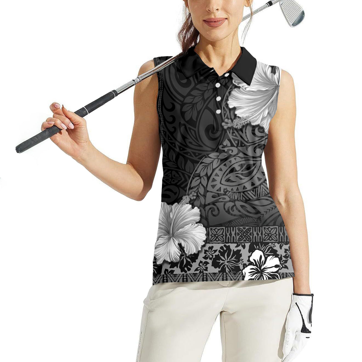 Hawaii Hibiscus With Black Polynesian Pattern Women Sleeveless Polo Shirt