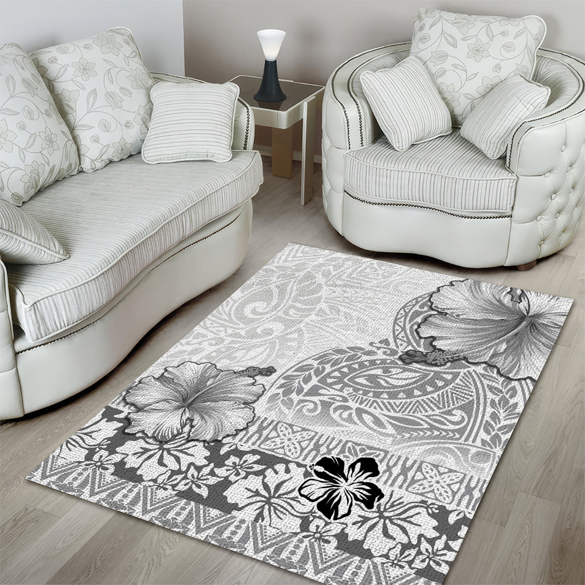 Hawaii Hibiscus With White Polynesian Pattern Area Rug