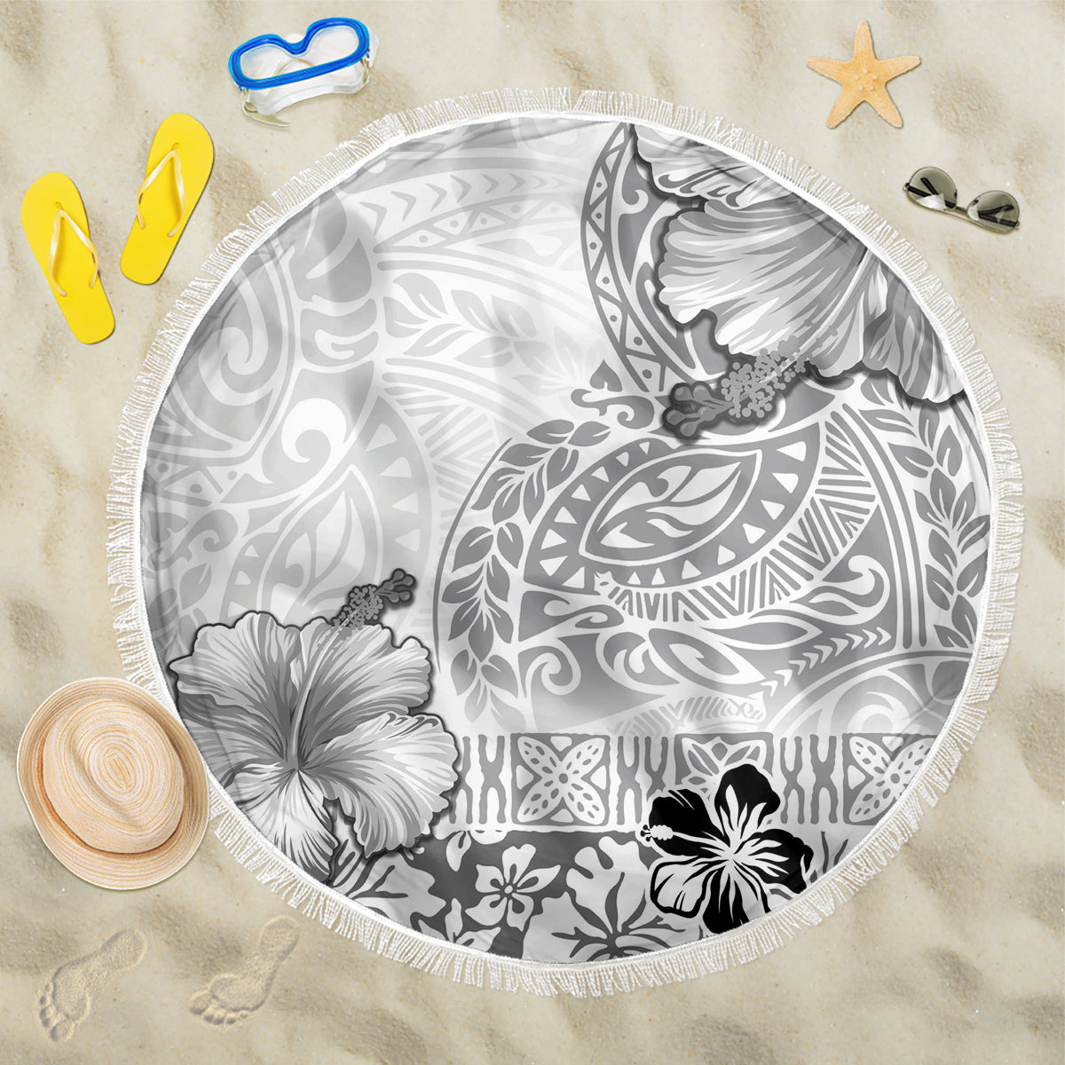 Hawaii Hibiscus With White Polynesian Pattern Beach Blanket