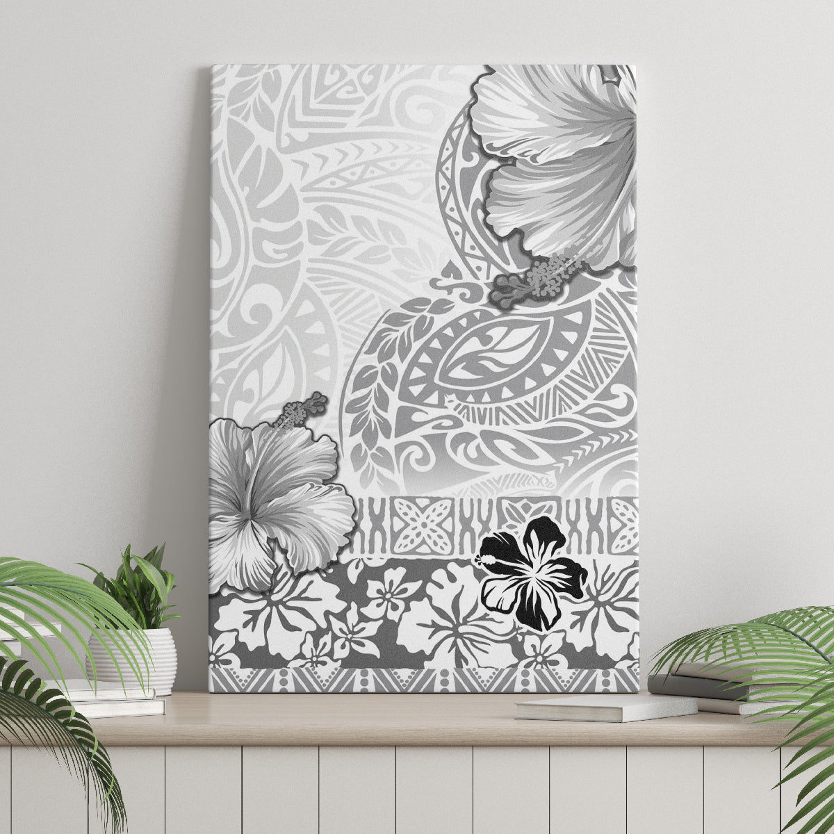 Hawaii Hibiscus With White Polynesian Pattern Canvas Wall Art
