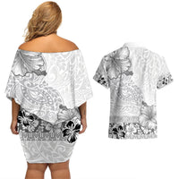 Hawaii Hibiscus With White Polynesian Pattern Couples Matching Off Shoulder Short Dress and Hawaiian Shirt
