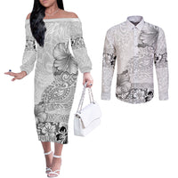 Hawaii Hibiscus With White Polynesian Pattern Couples Matching Off The Shoulder Long Sleeve Dress and Long Sleeve Button Shirt