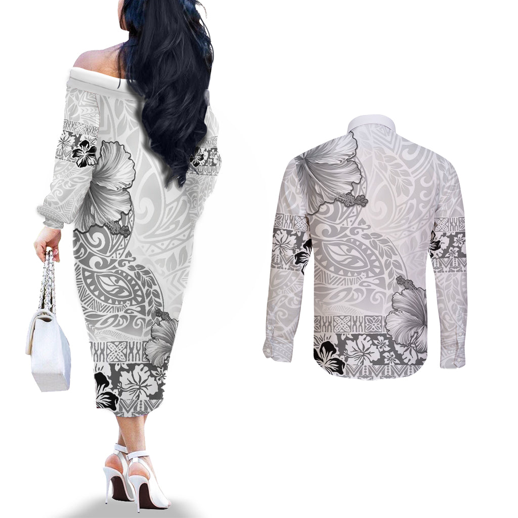 Hawaii Hibiscus With White Polynesian Pattern Couples Matching Off The Shoulder Long Sleeve Dress and Long Sleeve Button Shirt