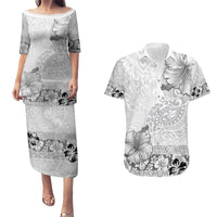 Hawaii Hibiscus With White Polynesian Pattern Couples Matching Puletasi and Hawaiian Shirt