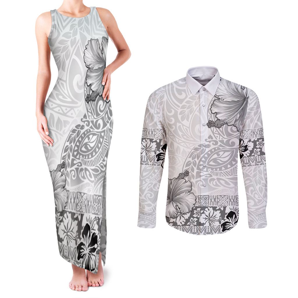 Hawaii Hibiscus With White Polynesian Pattern Couples Matching Tank Maxi Dress and Long Sleeve Button Shirt LT05 White - Polynesian Pride