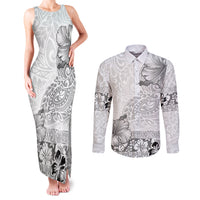 Hawaii Hibiscus With White Polynesian Pattern Couples Matching Tank Maxi Dress and Long Sleeve Button Shirt LT05 White - Polynesian Pride