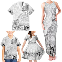 Hawaii Hibiscus With White Polynesian Pattern Family Matching Tank Maxi Dress and Hawaiian Shirt