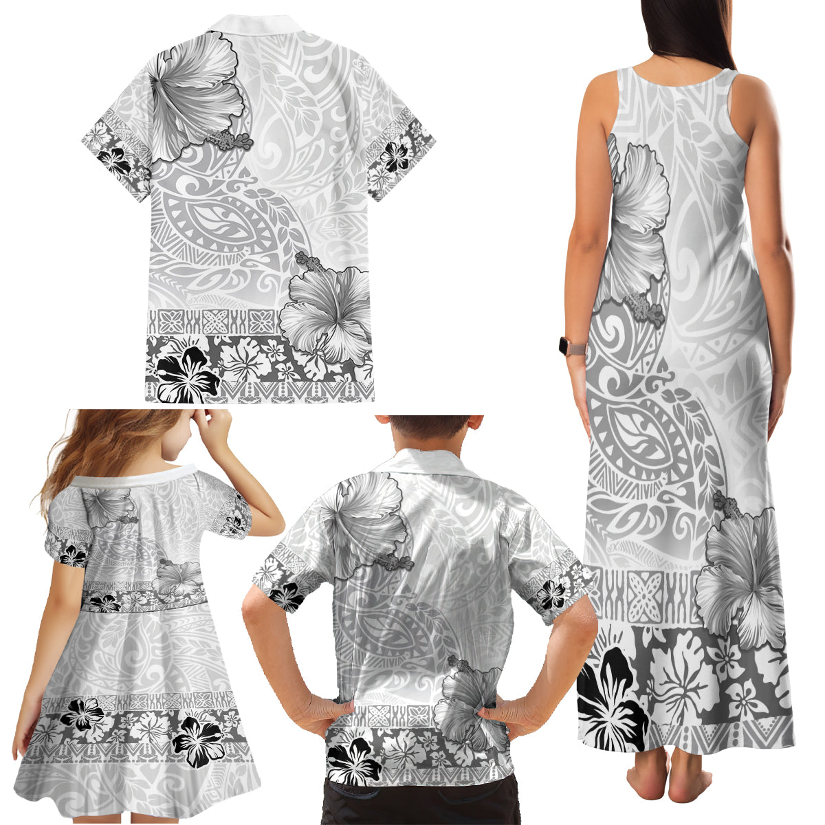 Hawaii Hibiscus With White Polynesian Pattern Family Matching Tank Maxi Dress and Hawaiian Shirt