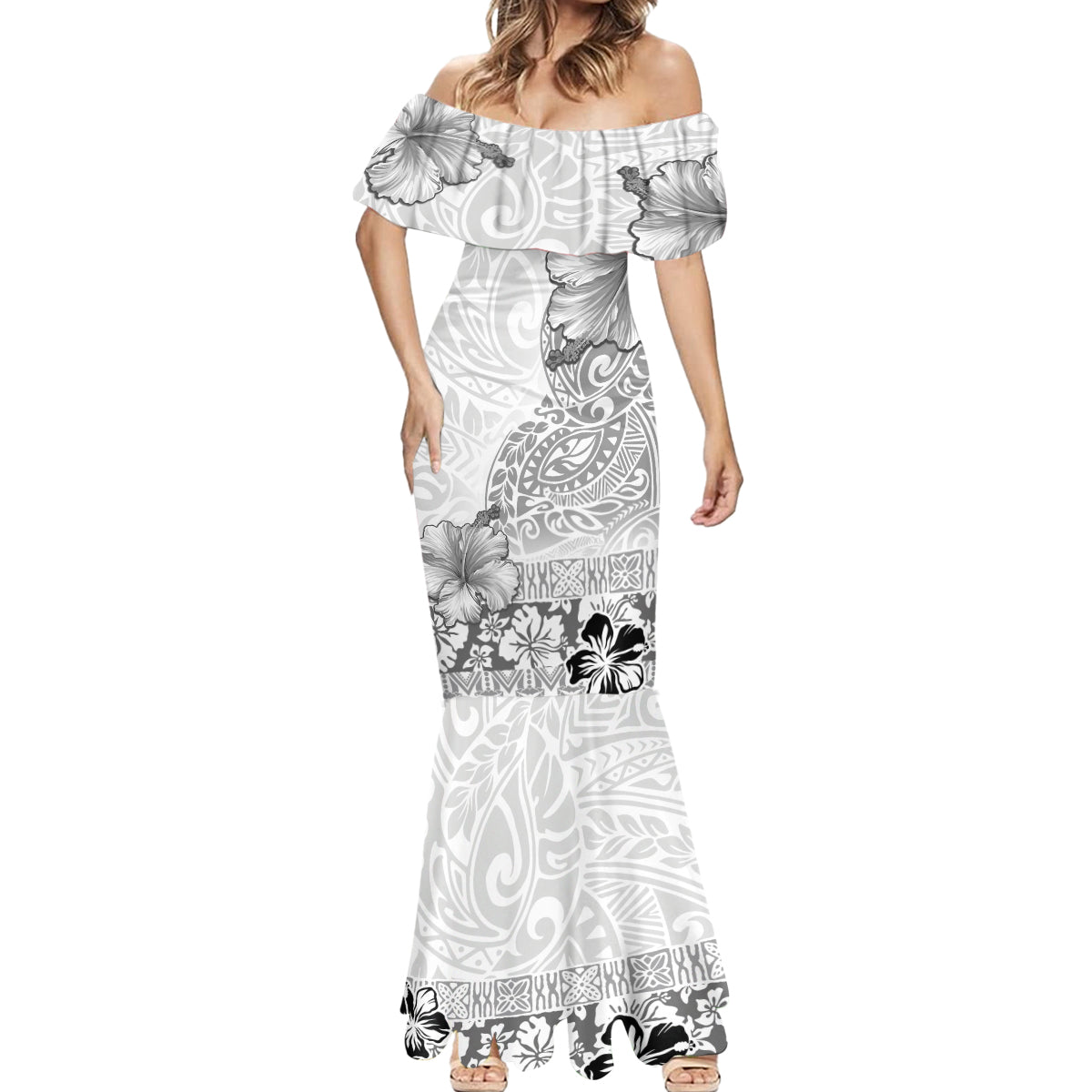 Hawaii Hibiscus With White Polynesian Pattern Mermaid Dress