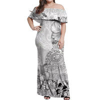 Hawaii Hibiscus With White Polynesian Pattern Off Shoulder Maxi Dress