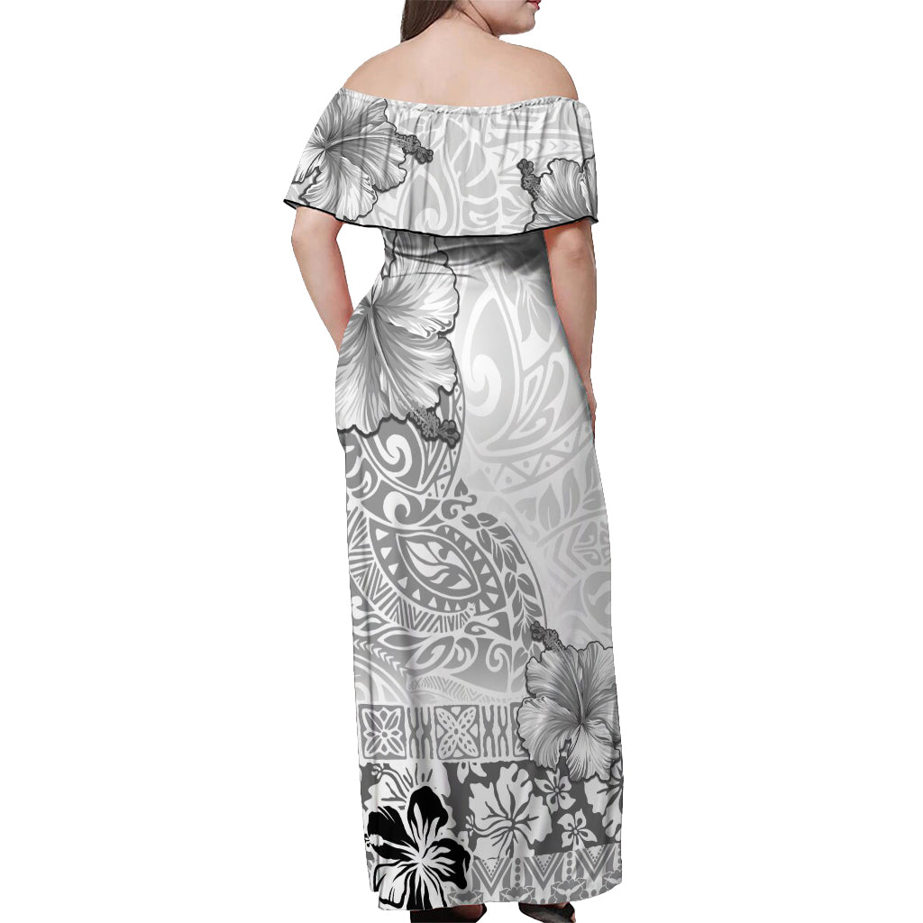Hawaii Hibiscus With White Polynesian Pattern Off Shoulder Maxi Dress