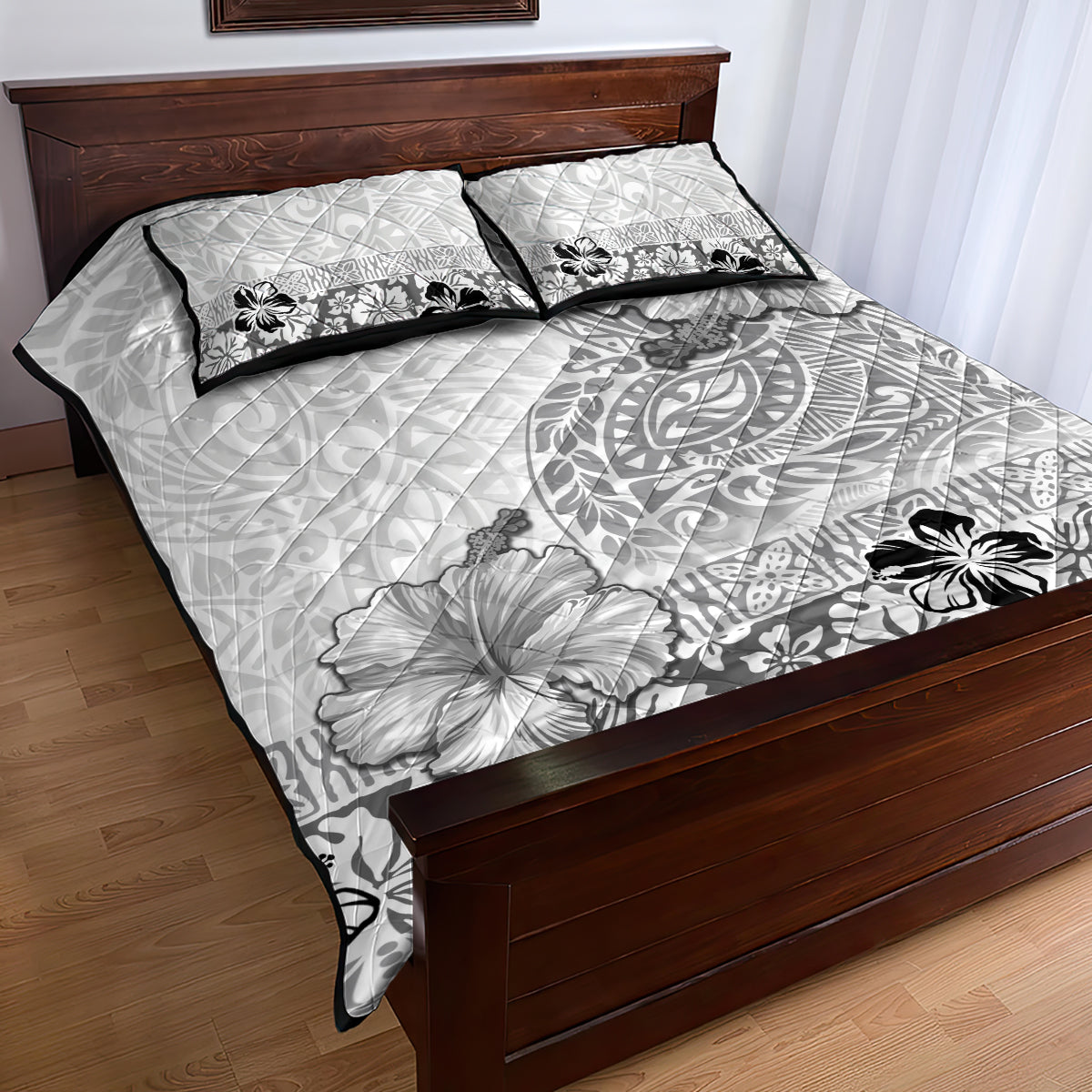 Hawaii Hibiscus With White Polynesian Pattern Quilt Bed Set