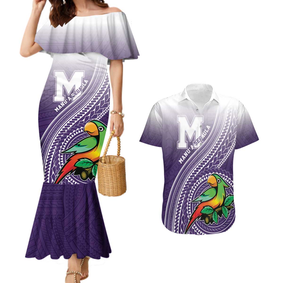 Personalized Manua High School Couples Matching Mermaid Dress and Hawaiian Shirt Polynesian Tribal Pattern