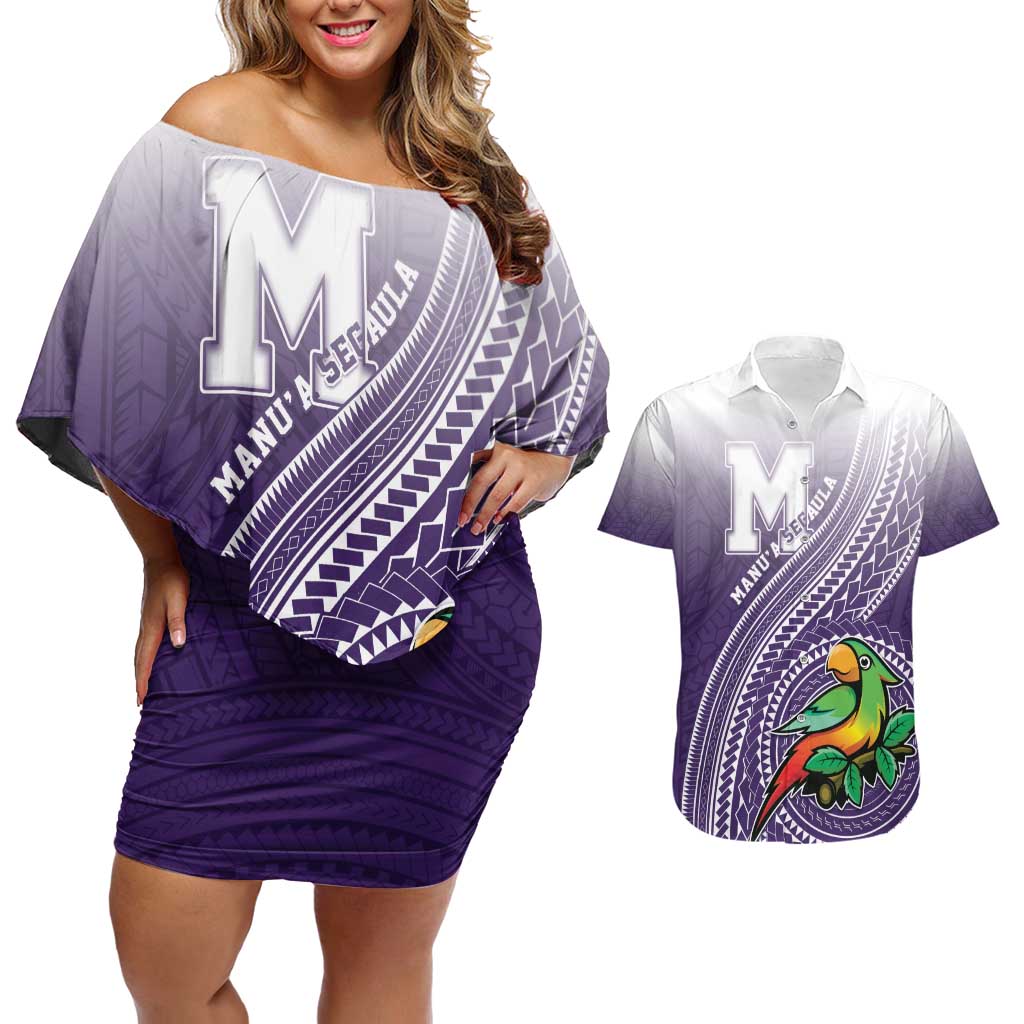 Personalized Manua High School Couples Matching Off Shoulder Short Dress and Hawaiian Shirt Polynesian Tribal Pattern