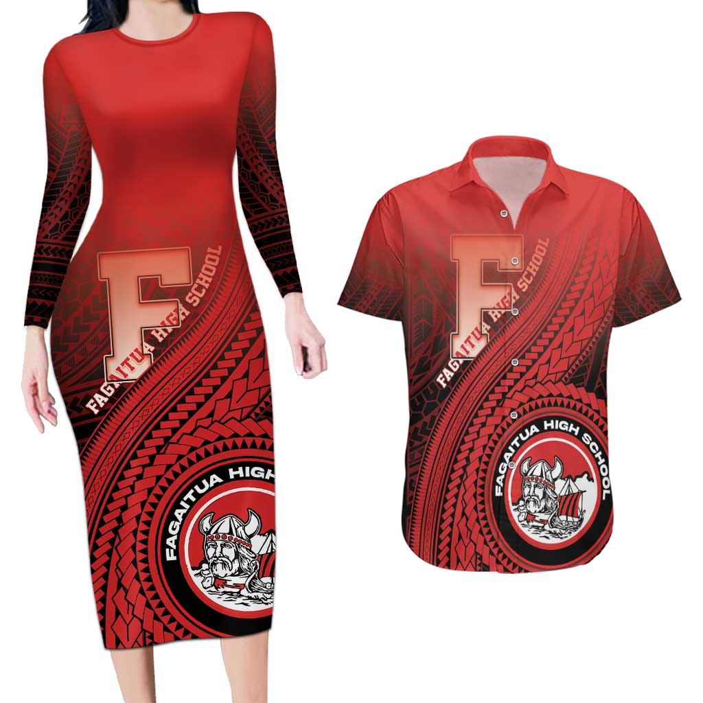 Personalized Fagaitua High School Couples Matching Long Sleeve Bodycon Dress and Hawaiian Shirt Polynesian Tribal Pattern