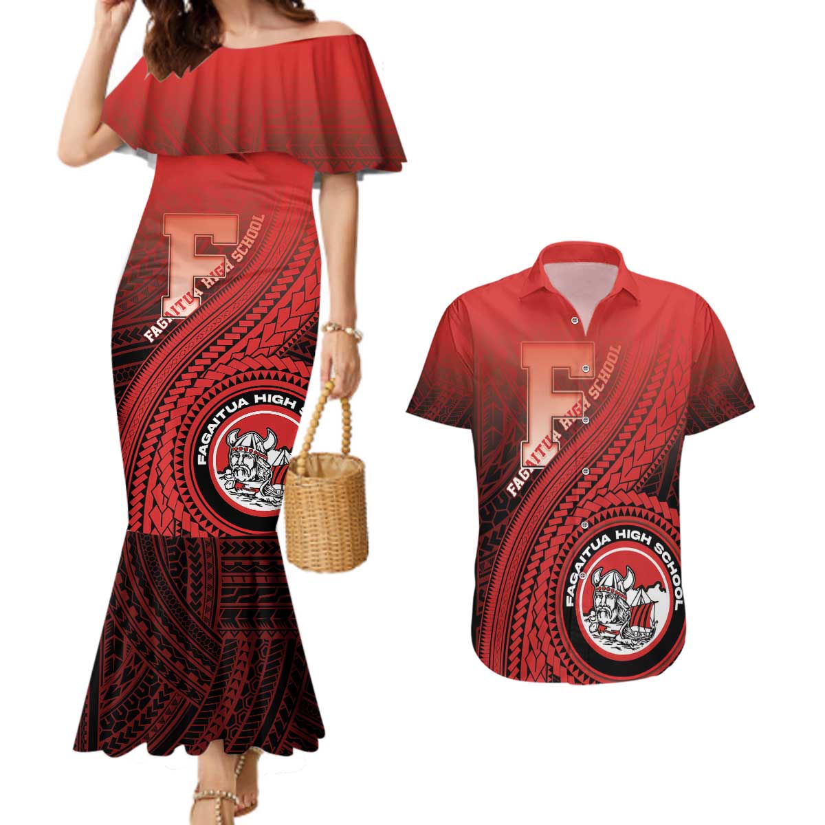Personalized Fagaitua High School Couples Matching Mermaid Dress and Hawaiian Shirt Polynesian Tribal Pattern