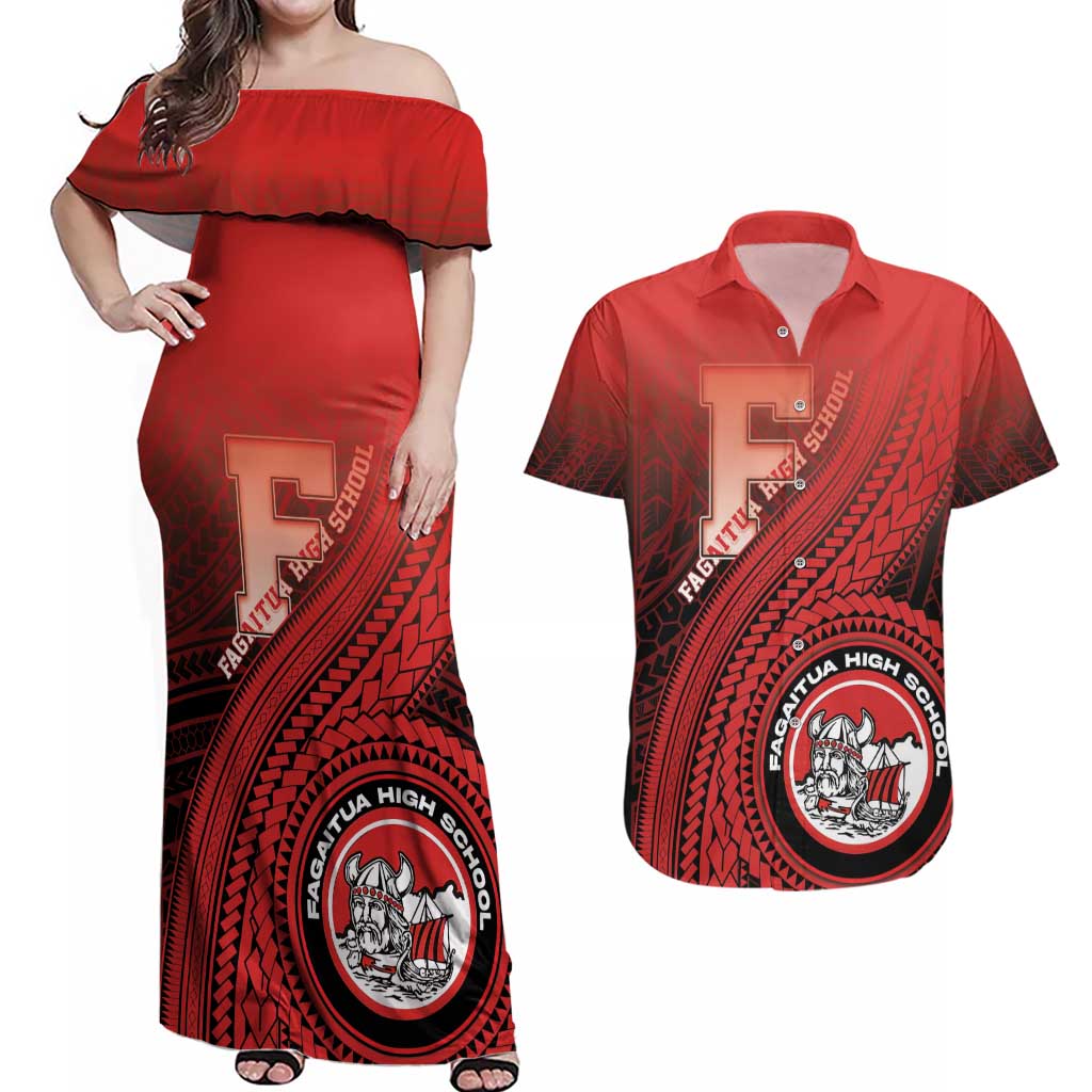 Personalized Fagaitua High School Couples Matching Off Shoulder Maxi Dress and Hawaiian Shirt Polynesian Tribal Pattern