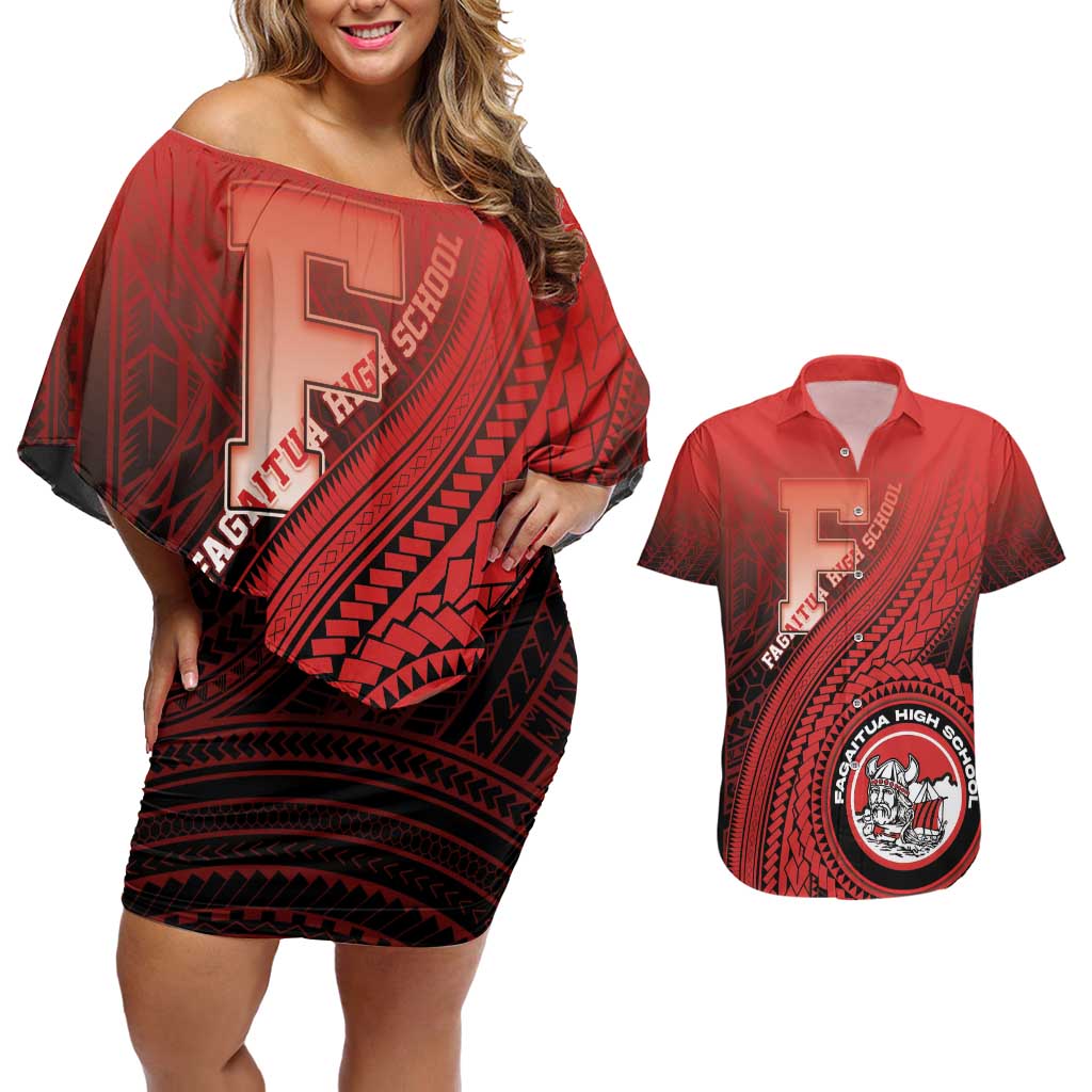 Personalized Fagaitua High School Couples Matching Off Shoulder Short Dress and Hawaiian Shirt Polynesian Tribal Pattern