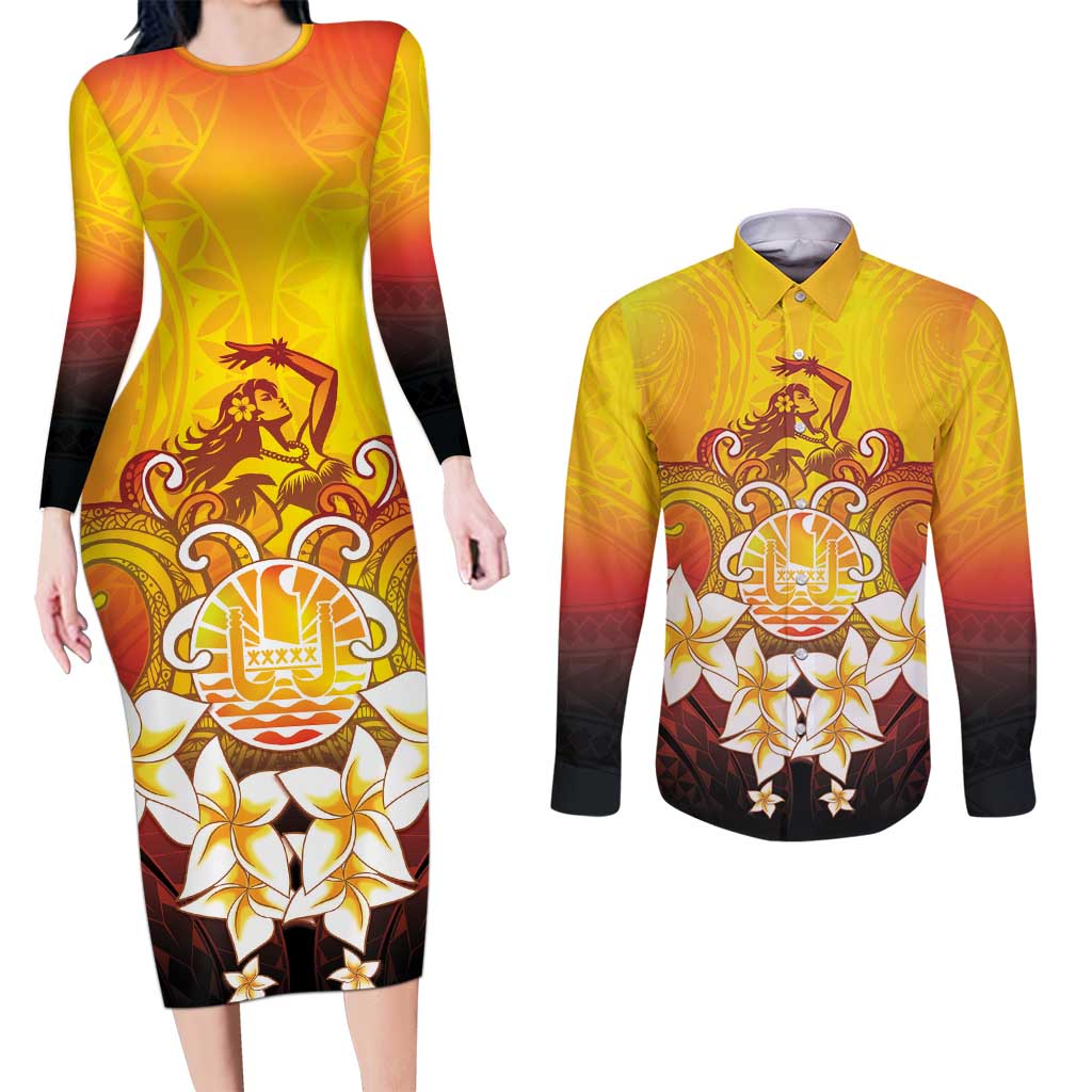 Tahiti Heiva Festival Couples Matching Long Sleeve Bodycon Dress and Long Sleeve Button Shirt Tahitian Vahine Plumeria Flowers LT05 Yellow - Polynesian Pride