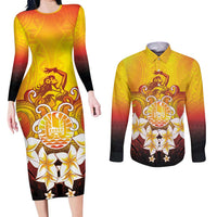Tahiti Heiva Festival Couples Matching Long Sleeve Bodycon Dress and Long Sleeve Button Shirt Tahitian Vahine Plumeria Flowers LT05 Yellow - Polynesian Pride