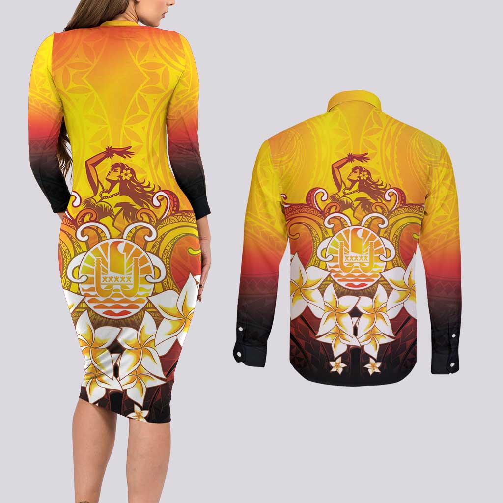 Tahiti Heiva Festival Couples Matching Long Sleeve Bodycon Dress and Long Sleeve Button Shirt Tahitian Vahine Plumeria Flowers LT05 - Polynesian Pride