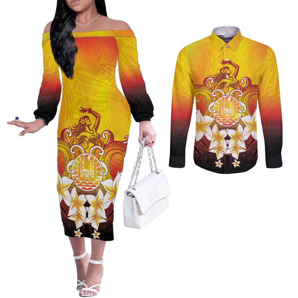 Tahiti Heiva Festival Couples Matching Off The Shoulder Long Sleeve Dress and Long Sleeve Button Shirt Tahitian Vahine Plumeria Flowers LT05 Yellow - Polynesian Pride