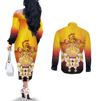 Tahiti Heiva Festival Couples Matching Off The Shoulder Long Sleeve Dress and Long Sleeve Button Shirt Tahitian Vahine Plumeria Flowers LT05 - Polynesian Pride