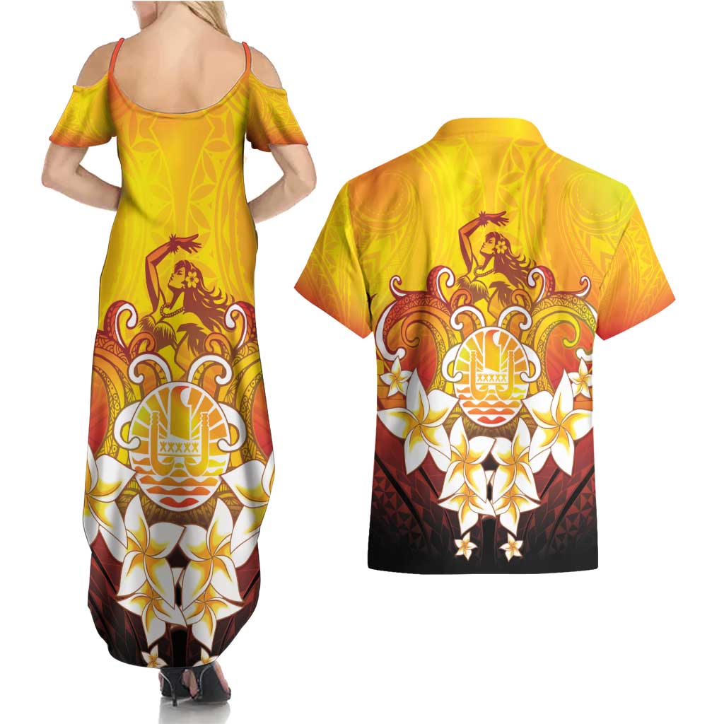 Tahiti Heiva Festival Couples Matching Summer Maxi Dress and Hawaiian Shirt Tahitian Vahine Plumeria Flowers