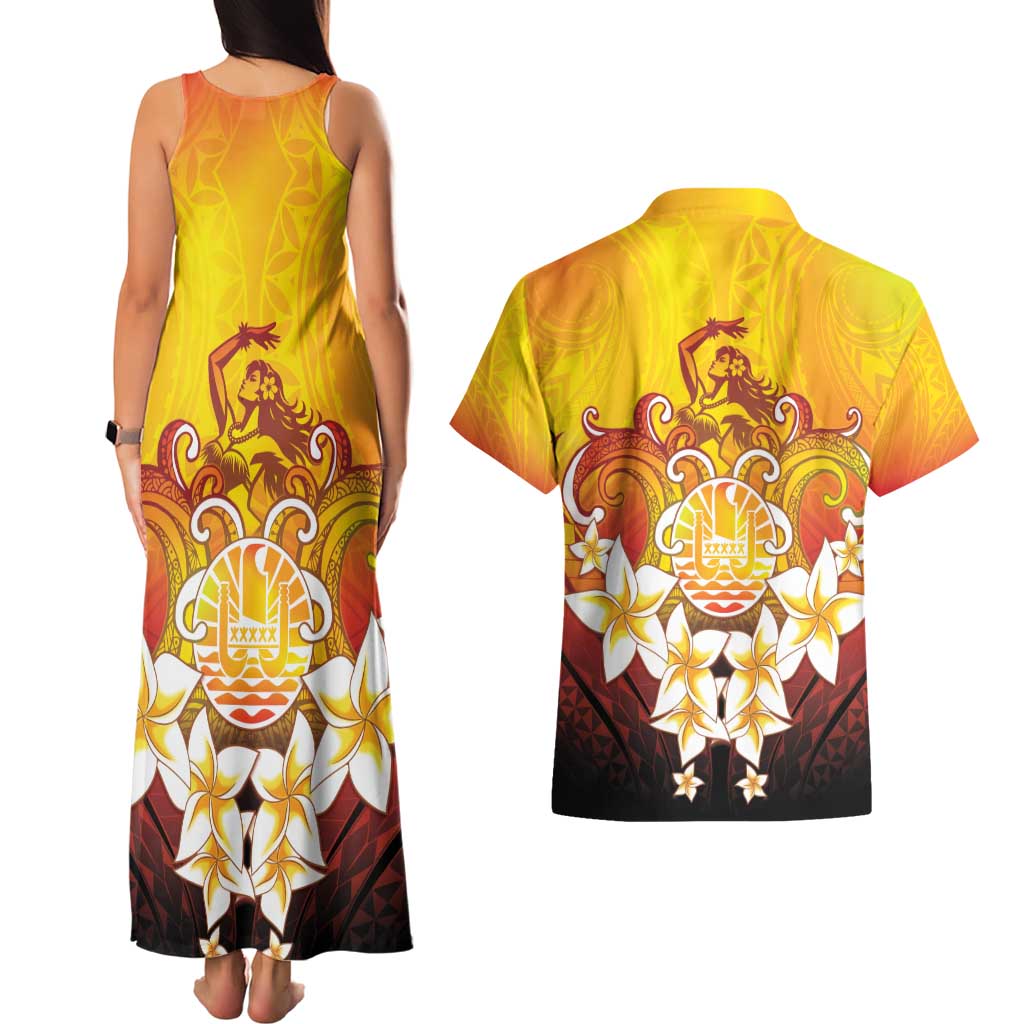 Tahiti Heiva Festival Couples Matching Tank Maxi Dress and Hawaiian Shirt Tahitian Vahine Plumeria Flowers