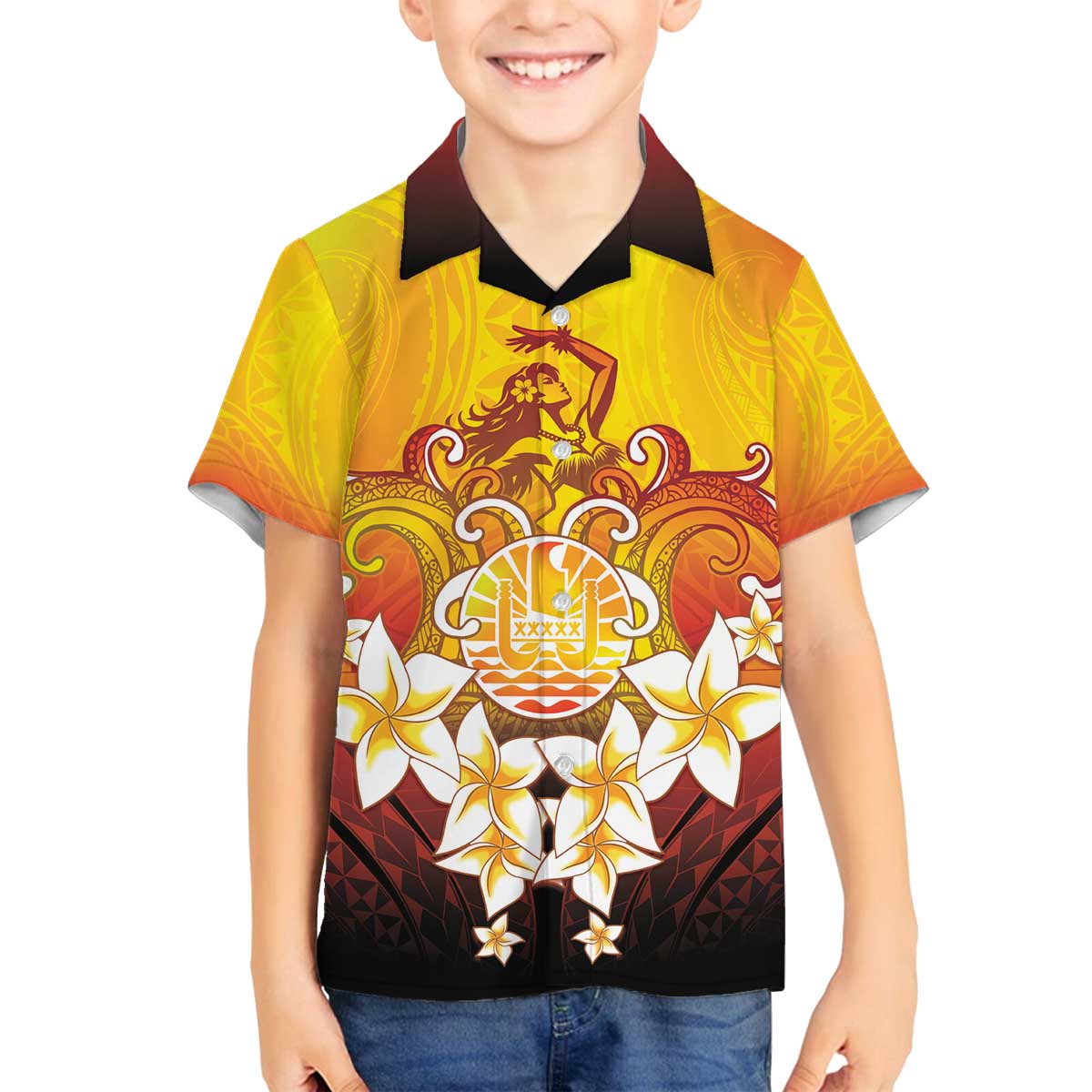 Tahiti Heiva Festival Family Matching Off The Shoulder Long Sleeve Dress and Hawaiian Shirt Tahitian Vahine Plumeria Flowers