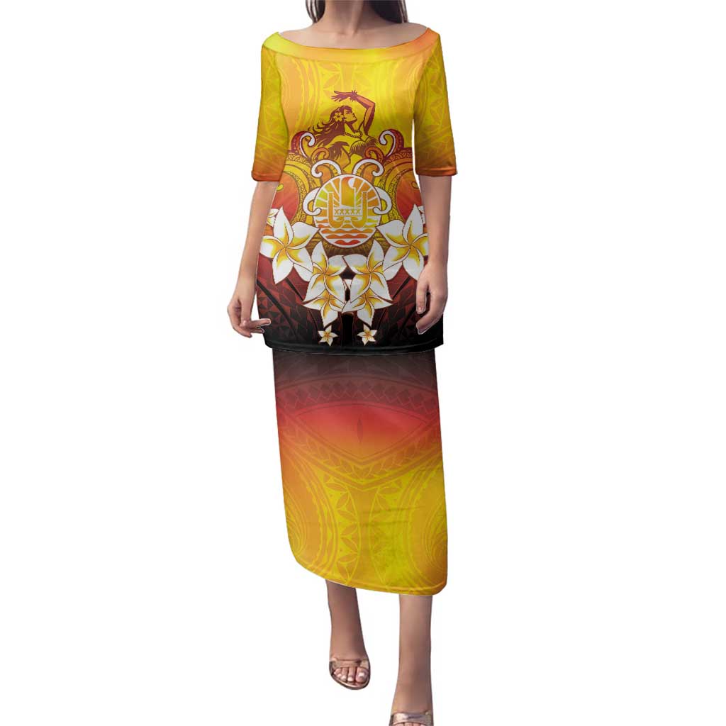 Tahiti Heiva Festival Family Matching Puletasi and Hawaiian Shirt Tahitian Vahine Plumeria Flowers