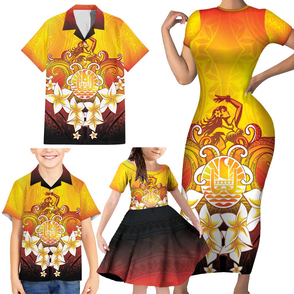 Tahiti Heiva Festival Family Matching Short Sleeve Bodycon Dress and Hawaiian Shirt Tahitian Vahine Plumeria Flowers