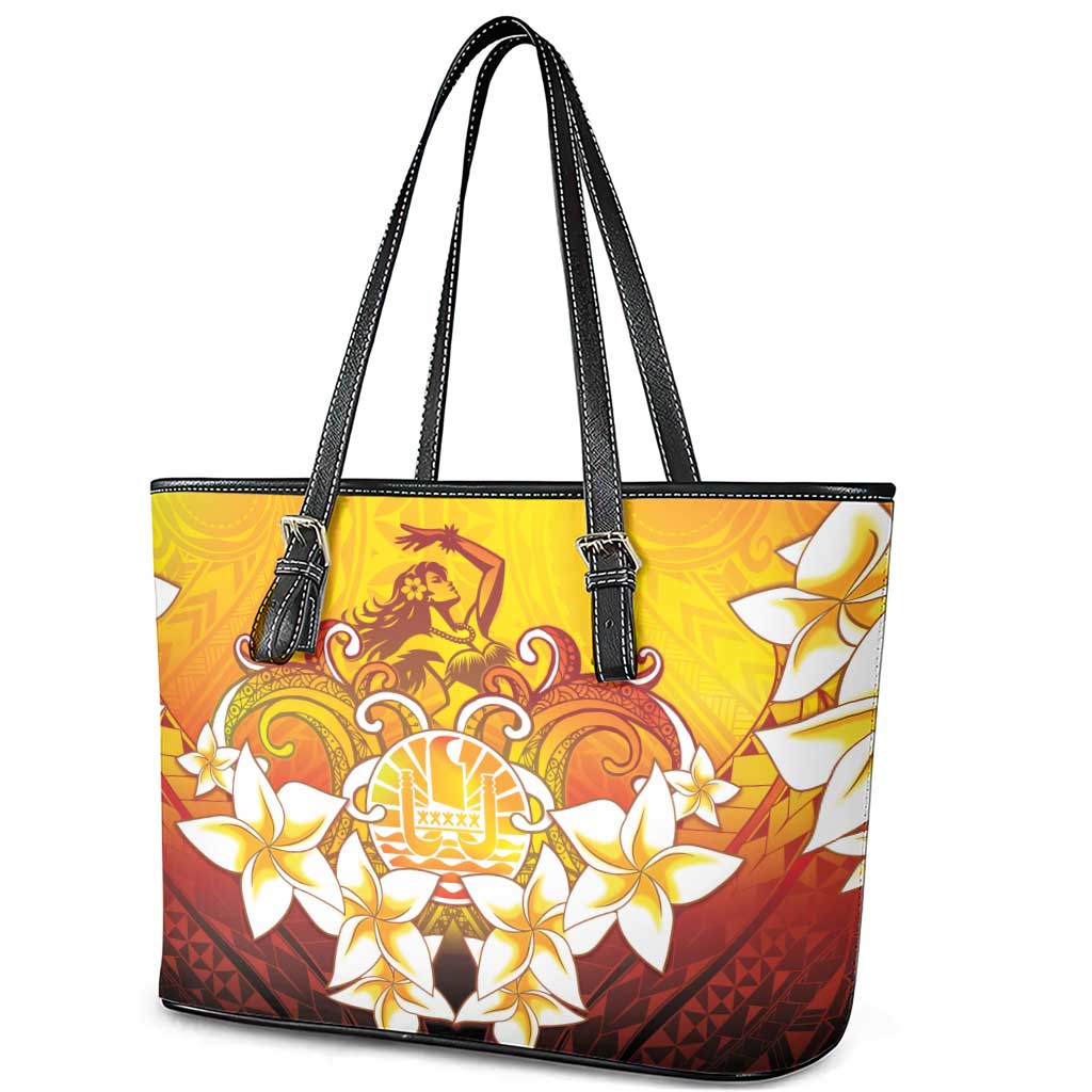 Tahiti Heiva Festival Leather Tote Bag Tahitian Vahine Plumeria Flowers