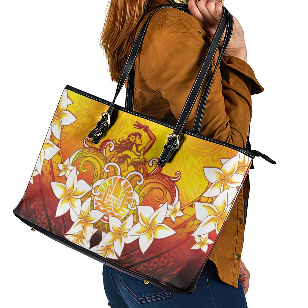 Tahiti Heiva Festival Leather Tote Bag Tahitian Vahine Plumeria Flowers