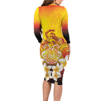 Tahiti Heiva Festival Long Sleeve Bodycon Dress Tahitian Vahine Plumeria Flowers